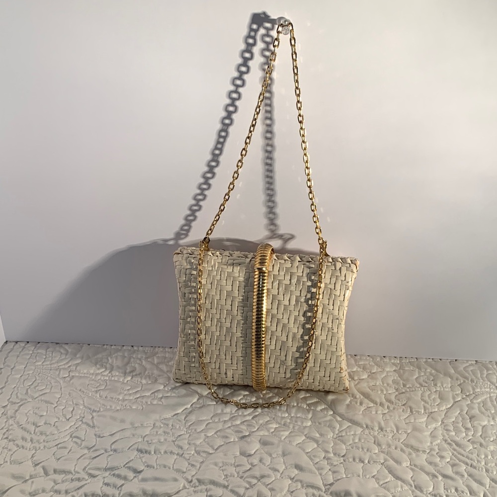 Rodo Tan Woven Crossbody Bag with Gold Chain